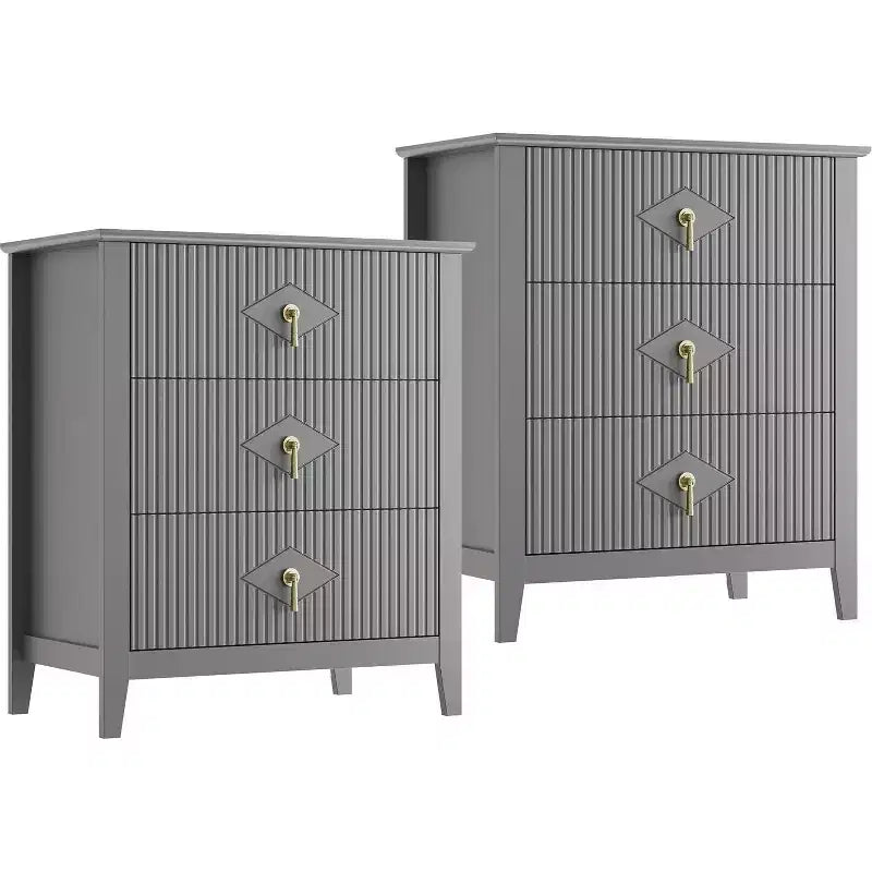 2 tables de chevet cannelées en bois, commode à 3 tiroirs de 69,85 cm de large, tables de nuit modernes, commode de chambre à coucher, salon