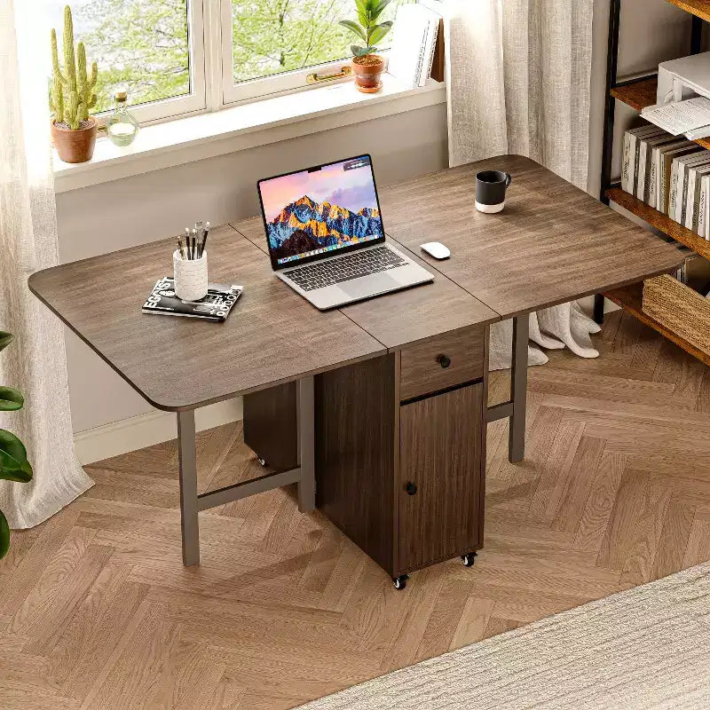 Table de salle à manger pliable ATJafurn 59 avec abattants pour petits espaces, table de cuisine rectangulaire en bois extensible avec roulettes et rangement