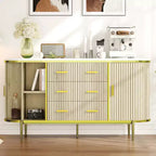 Buffet bas de ferme cannelé de 150 cm, meuble TV avec 6 tiroirs et 2 portes coulissantes, meuble de rangement polyvalent pour salon