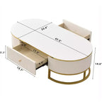 Table basse moderne 47W avec tiroirs, design profilé incurvé, pieds en métal doré, ovale, blanc+doré-ModernLuxe