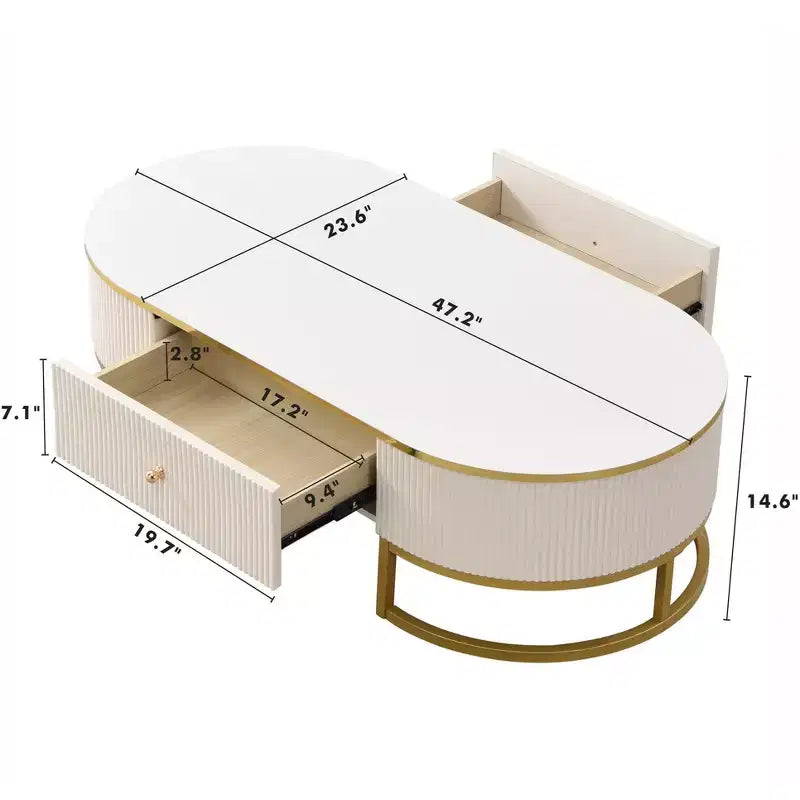 Table basse moderne 47W avec tiroirs, design profilé incurvé, pieds en métal doré, ovale, blanc+doré-ModernLuxe