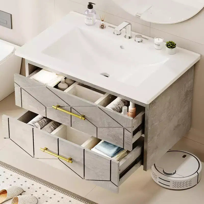 Ensemble de meuble-lavabo suspendu moderne avec vasque – Meuble mural avec tiroir à fermeture douce et poignée dorée, tailles 24 ou 30