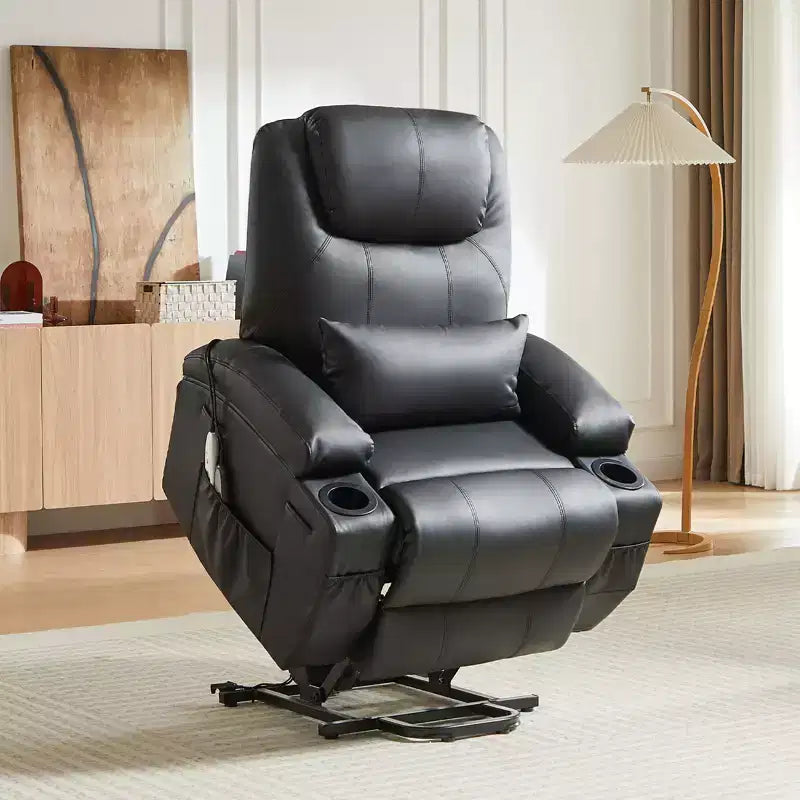 Fauteuil inclinable électrique avec fonction releveur, massage et chauffage Bestier 34,6 po, fauteuil inclinable en similicuir avec poches latérales et porte-gobelets