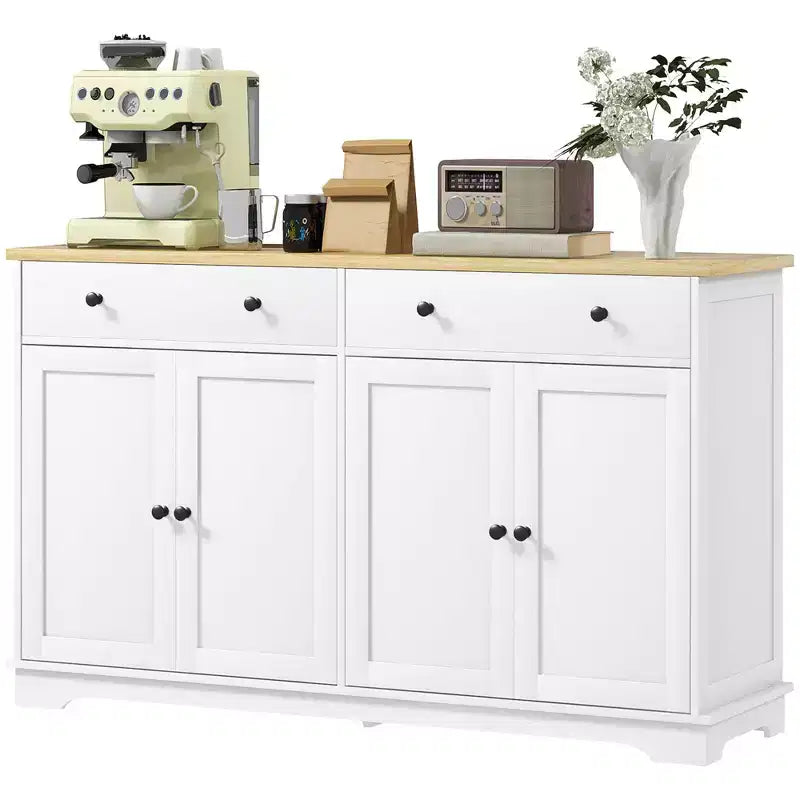 Buffet bas HOMCOM avec rangements, Meuble de cuisine moderne avec 4 portes, 2 tiroirs et 2 étagères réglables, Meuble de bar à café