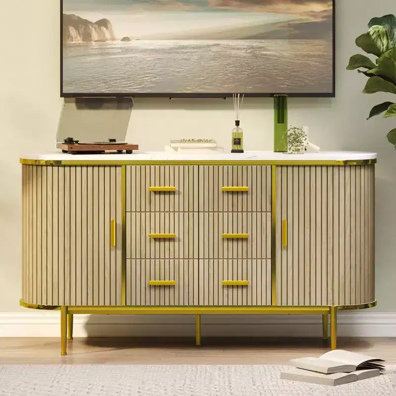 Buffet bas de ferme cannelé de 150 cm, meuble TV avec 6 tiroirs et 2 portes coulissantes, meuble de rangement polyvalent pour salon