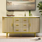 Buffet bas de ferme cannelé de 150 cm, meuble TV avec 6 tiroirs et 2 portes coulissantes, meuble de rangement polyvalent pour salon