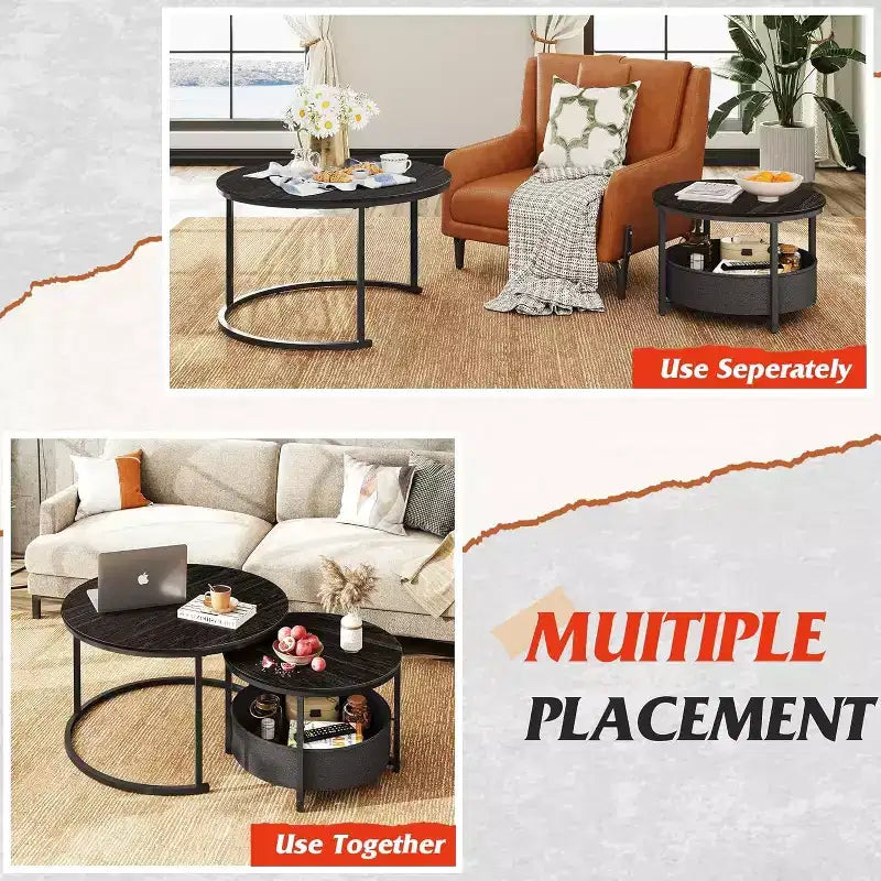 GALAXHERO Lot de 2 tables basses rondes gigognes - Tables d'appoint de 80 cm avec rangement et cadre métallique pour salon/appartement