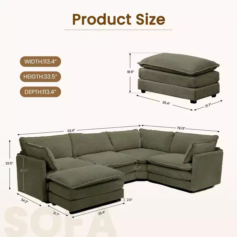 Canapé modulaire moderne 5 places en velours côtelé, surdimensionné, 113,4 po (L) x 79,13 po (l), avec pouf, canapé en U avec coin salon, HYLEORY