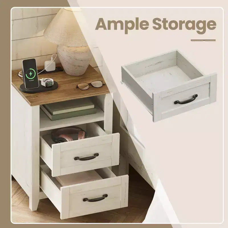 Lot de 2 tables de chevet de ferme avec port de chargement USB - Tables de nuit à 2 tiroirs, design rustique et moderne