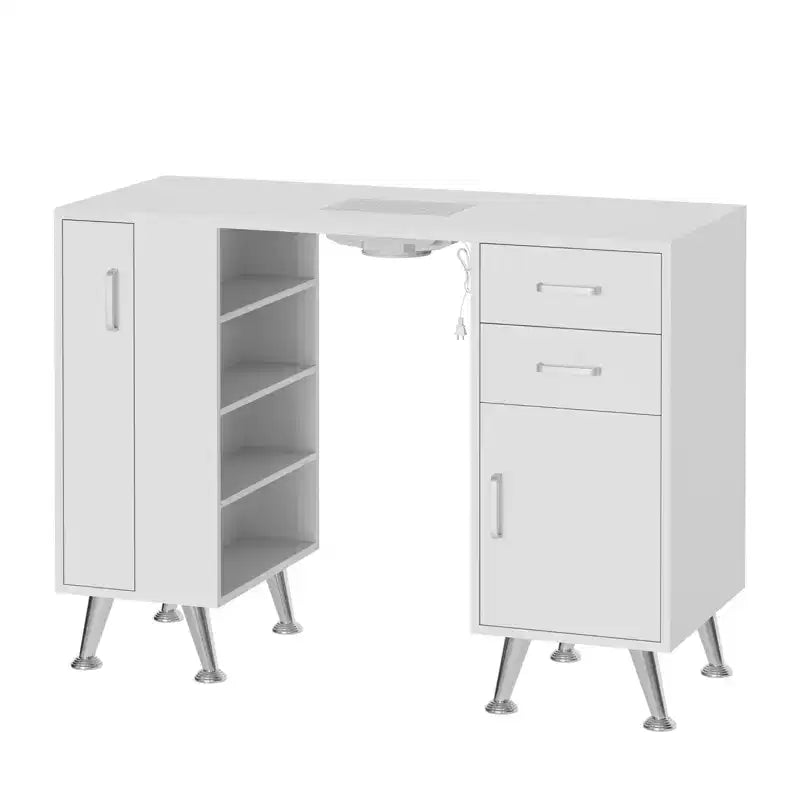 Table de manucure de 42 po pour prothésiste ongulaire avec aspirateur de poussière et repose-poignets, table à ongles avec casier vertical coulissant, 1 armoire de rangement, 2 tiroirs