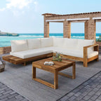 Canapé d'angle en forme de L, ensemble de canapés de patio avec table, canapé de salon en bois, ensemble de conversation extérieur 4 pièces
