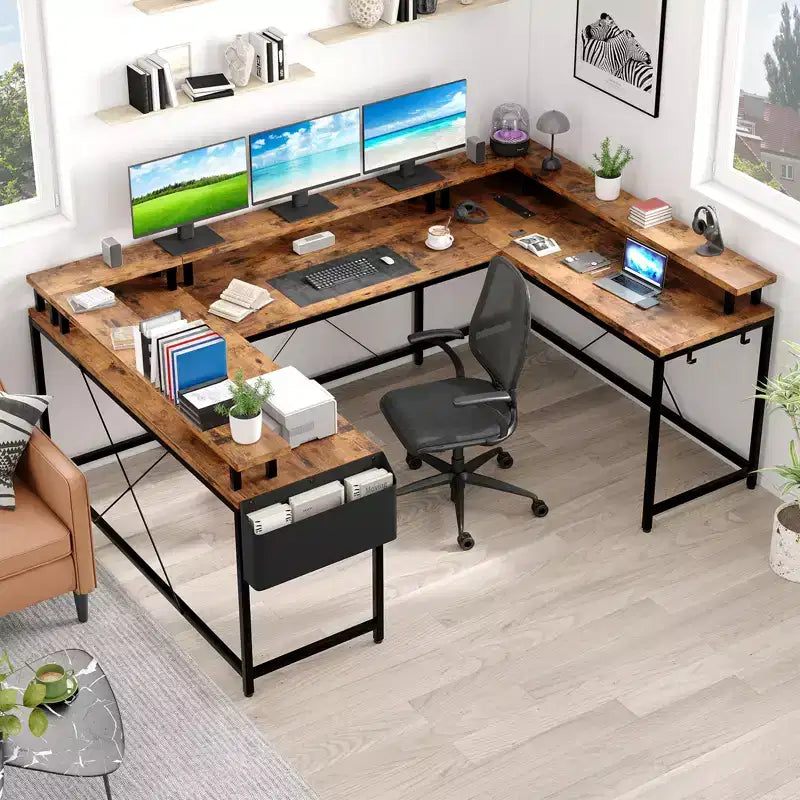COZONY Bureau de jeu en forme de U/L 78", bureau d'ordinateur réversible avec prises de courant, lumières LED, support de moniteur et étagère de rangement, bureau d'angle pour le bureau à domicile