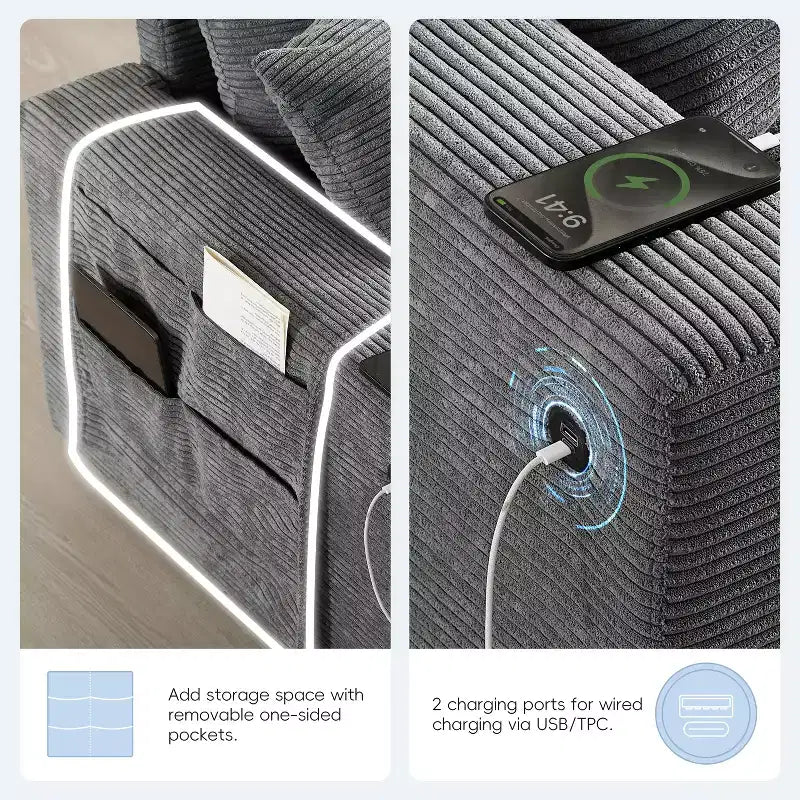 Canapé sectionnel modulaire surdimensionné Clihome 140 avec pouf de rangement mobile, porte-gobelet, assise large, chargeur USB, canapé en velours côtelé en forme de U à 6 places