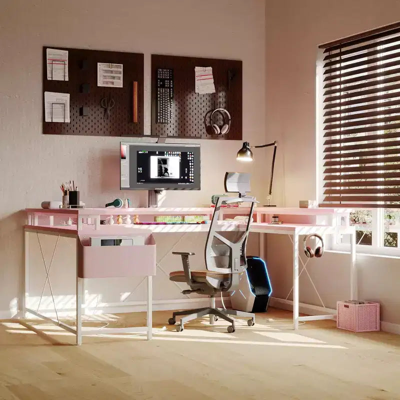 COZONY Bureau de jeu en forme de U/L 78", bureau d'ordinateur réversible avec prises de courant, lumières LED, support de moniteur et étagère de rangement, bureau d'angle pour le bureau à domicile