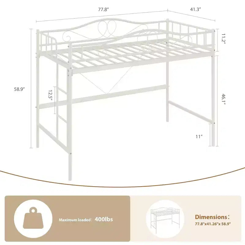 Lit mezzanine double avec échelle amovible et garde-corps de sécurité intégral, lit mezzanine double avec cadre en métal robuste d'une capacité de 180 kg, gain de place.