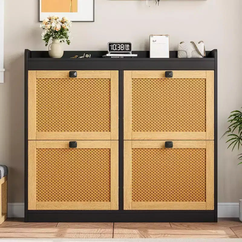 Meuble à Chaussures avec 4 Tiroirs Basculants, Meuble à Chaussures en Bois avec Portes en Rotin et Étagères Réglables - Organisateur de Chaussures Autonome