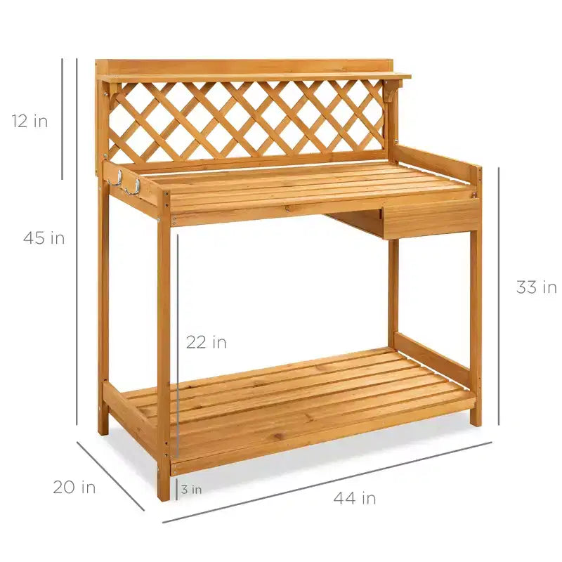Table de rempotage de jardin en bois d'extérieur Best Choice Products, plan de travail avec tiroir de rangement et étagère ouverte
