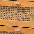 Ensemble de chambre à coucher Japandi 5 pièces Baxton Studio Jenn en bois brun doré, taille grand lit, avec rotin au fini vieilli