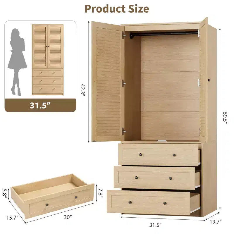 COZONY Armoire penderie avec 3 tiroirs et 2 portes, Placard de rangement moderne en bois pour chambre à coucher, Armoire sur pied blanche robuste