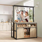 Îlot de cuisine, étagère de boulanger avec porte de grange coulissante, grand îlot de cuisine de 107 cm avec support à micro-ondes à 3 niveaux, étagères pour four et table de coin café