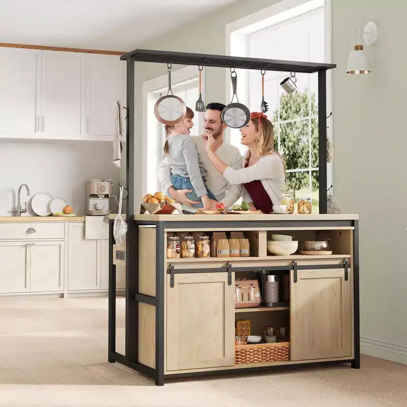 Îlot de cuisine, étagère de boulanger avec porte de grange coulissante, grand îlot de cuisine de 107 cm avec support à micro-ondes à 3 niveaux, étagères pour four et table de coin café