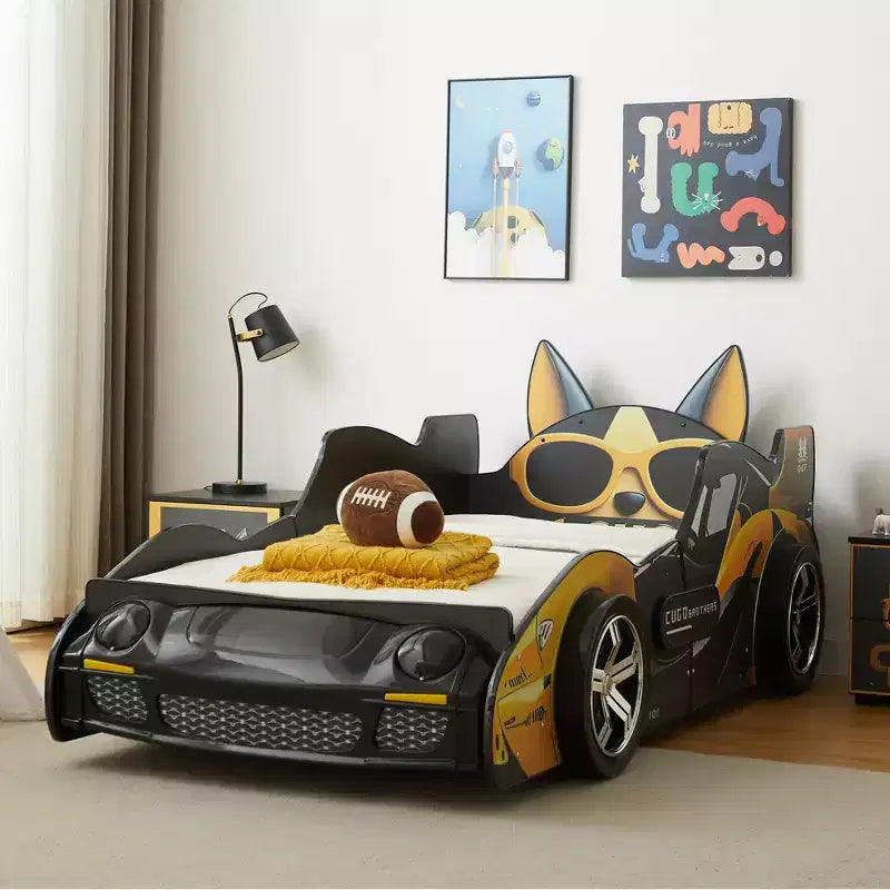 GDFStudio Fauna Lit pour enfant double taille en forme de voiture de course moderne avec phares LED