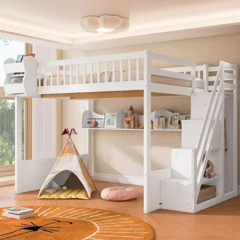 Lit mezzanine double avec escalier, armoire et étagères de rangement – MDF, 295 kg