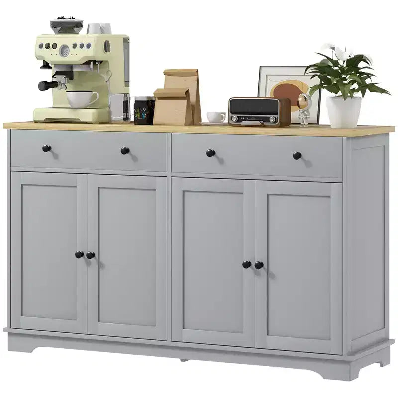 Buffet bas HOMCOM avec rangements, Meuble de cuisine moderne avec 4 portes, 2 tiroirs et 2 étagères réglables, Meuble de bar à café