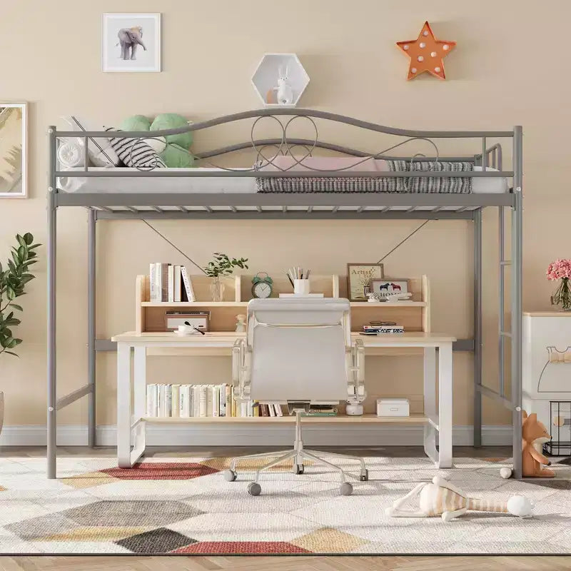 Lit mezzanine double avec échelle amovible et garde-corps de sécurité intégral, lit mezzanine double avec cadre en métal robuste d'une capacité de 180 kg, gain de place.