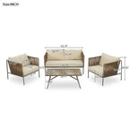 Ensemble de patio en corde d'extérieur 4 pièces pour 4 personnes avec coussins et table en verre