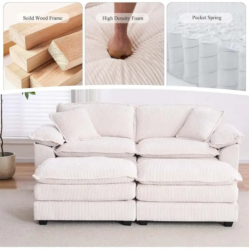 Canapé 2 places moderne en velours côtelé avec 4 coussins de soutien et 2 poufs