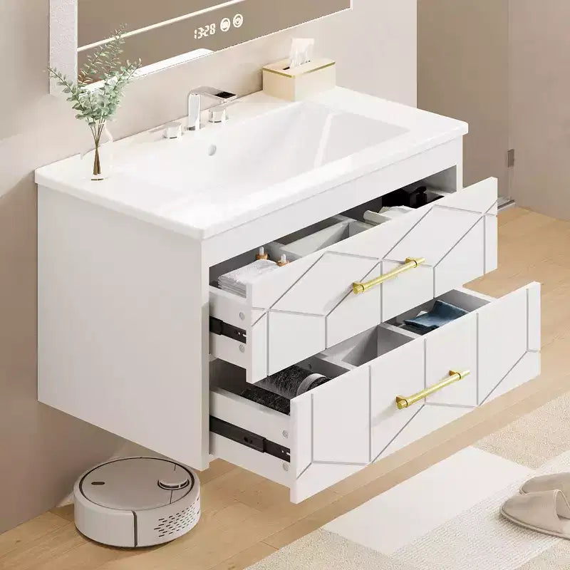 Ensemble de meuble-lavabo suspendu moderne avec vasque – Meuble mural avec tiroir à fermeture douce et poignée dorée, tailles 24 ou 30