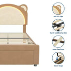 Cadre de lit enfant mignon - Design adorable ourson réglable, revêtement en suède, tiroirs de rangement, lattes en bois massif, conception silencieuse, facile à assembler.