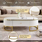 Table basse moderne 47W avec tiroirs, design profilé incurvé, pieds en métal doré, ovale, blanc+doré-ModernLuxe