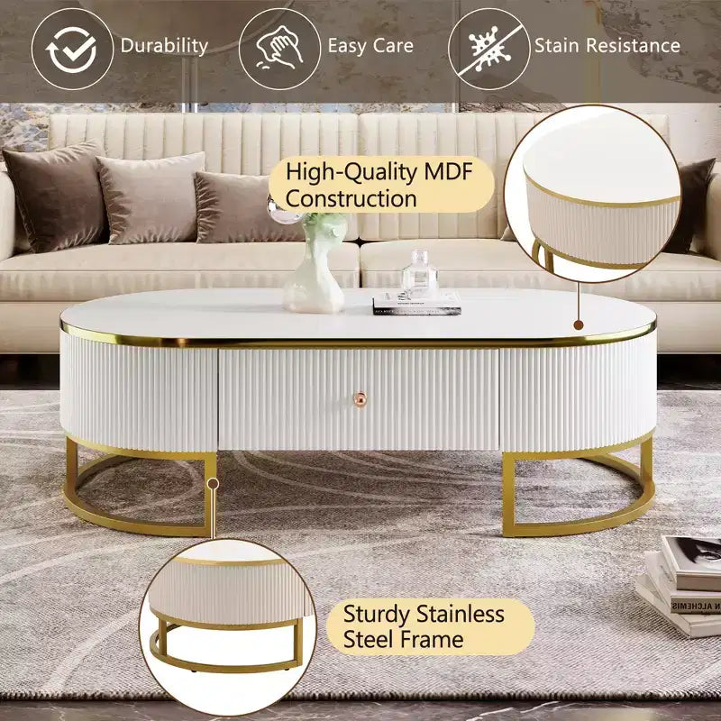 Table basse moderne 47W avec tiroirs, design profilé incurvé, pieds en métal doré, ovale, blanc+doré-ModernLuxe