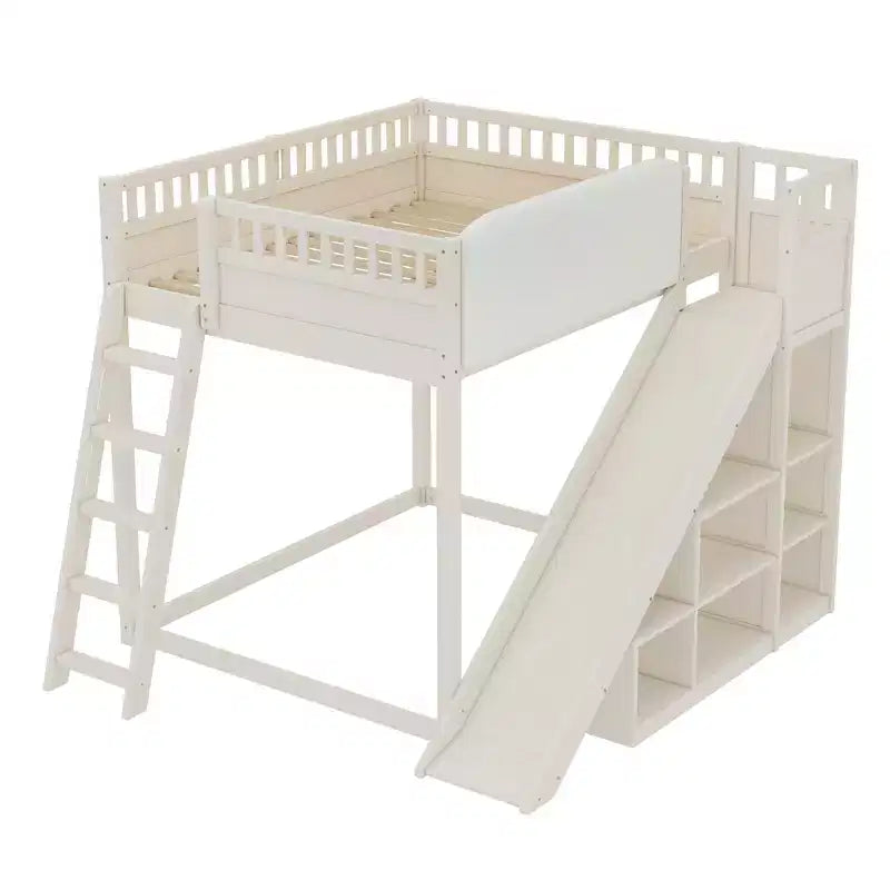 Lit mezzanine Bellemave avec tête de lit rembourrée et étagères de rangement, cadre de lit mezzanine en bois massif avec échelle et toboggan pour enfants