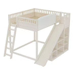 Lit mezzanine Bellemave avec tête de lit rembourrée et étagères de rangement, cadre de lit mezzanine en bois massif avec échelle et toboggan pour enfants
