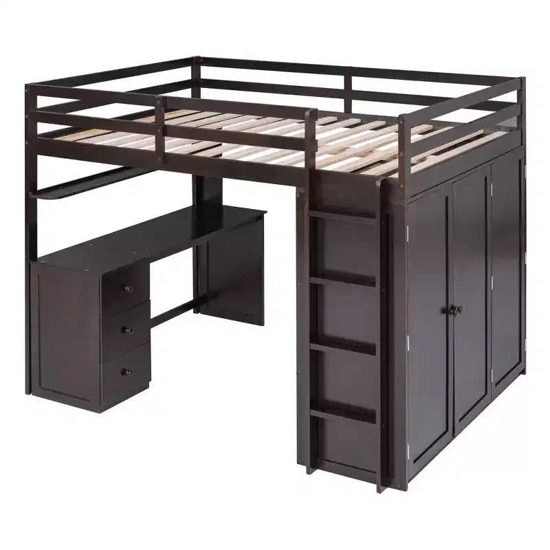 Lit mezzanine CLIHOME grand format avec 3 tiroirs de rangement, bureau et armoire