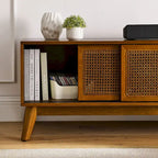 Meuble TV vintage en rotin avec 2 placards de rangement et 4 pieds en bois pour salon, chambre et bureau