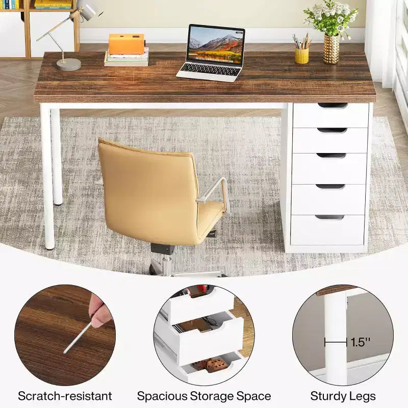 Bureau d'ordinateur Lantine avec 5 tiroirs, bureau moderne et simple de 119 cm pour la maison, le bureau et l'étude, idéal pour les petits espaces
