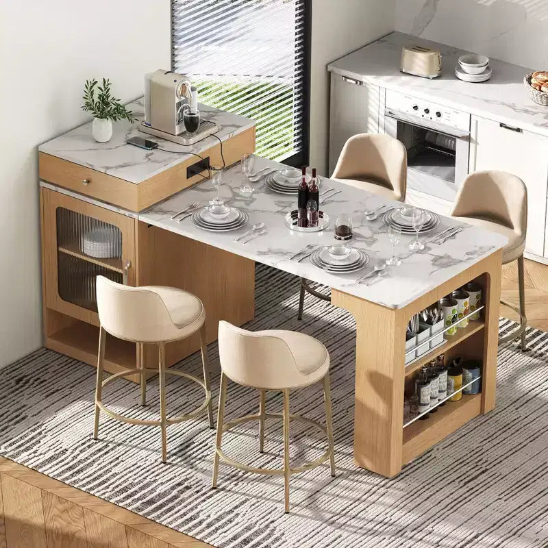 Îlot de cuisine de 59,5 po avec table à manger extensible, rangement double face et prise électrique, naturel