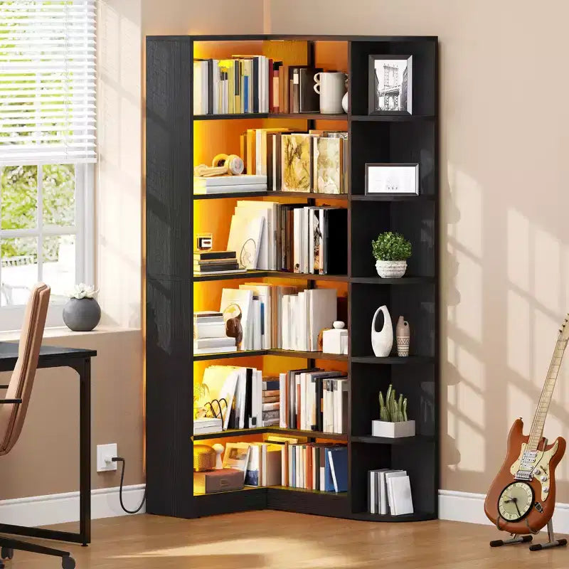 Étagère à 6 niveaux avec lumière LED, bibliothèque moderne de 180 cm, étagère d'angle en forme de L, meuble de rangement et de présentation.