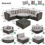 Ensemble de canapé d'extérieur moderne en osier 7 pièces avec table basse, coussins et oreillers rayés, idéal pour le patio, le jardin, la terrasse