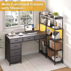 Bureau d'ordinateur en L de 120 cm avec 6 tiroirs et 5 étagères, bureau de jeu d'angle réversible avec lumières LED et prises de courant