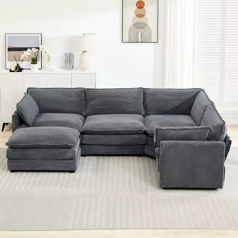 Canapé modulaire moderne 5 places en velours côtelé, surdimensionné, 113,4 po (L) x 79,13 po (l), avec pouf, canapé en U avec coin salon, HYLEORY