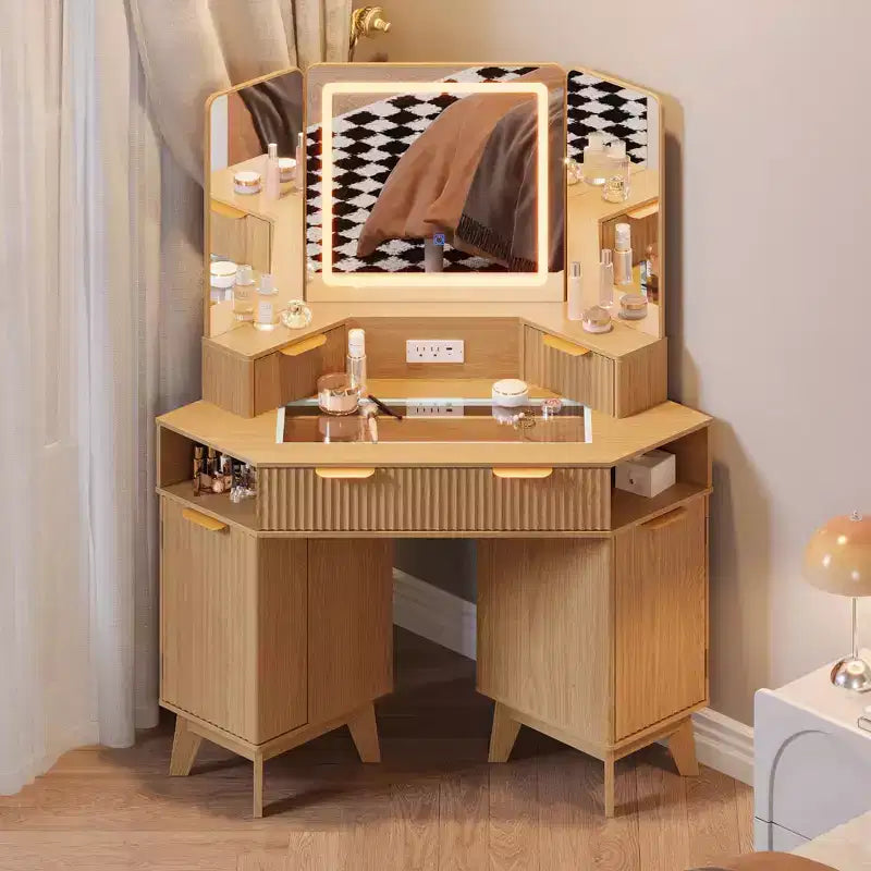 Coiffeuse d'angle 47 po avec miroir et lumière, table de maquillage en bois avec plateau en verre et station de charge, coiffeuse pour chambre à coucher