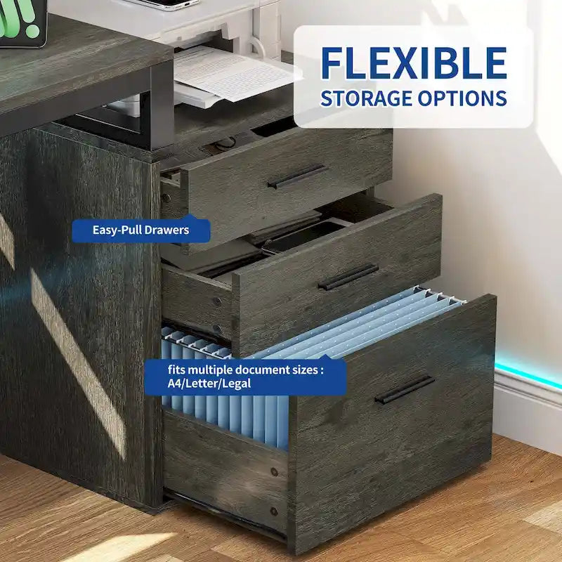 Bureau d'angle en L de 165 cm avec LED RVB, support d'écran et armoire de rangement – 1 personne | Blanc / Chêne / Gris anthracite / Noir