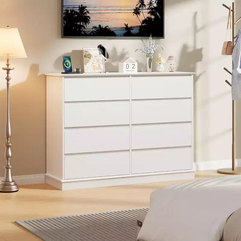 Commode moderne de chambre à 8 tiroirs, unité de rangement en bois pour placard, large commode