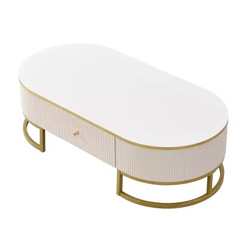 Table basse moderne 47W avec tiroirs, design profilé incurvé, pieds en métal doré, ovale, blanc+doré-ModernLuxe