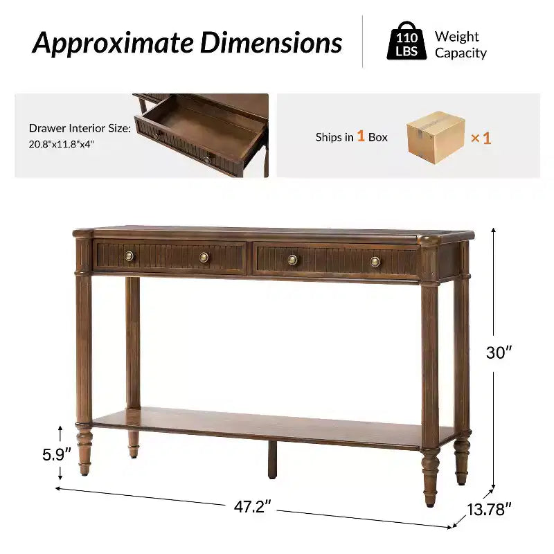 Console 47,2" en noyer avec 2 tiroirs cannelés et étagère inférieure